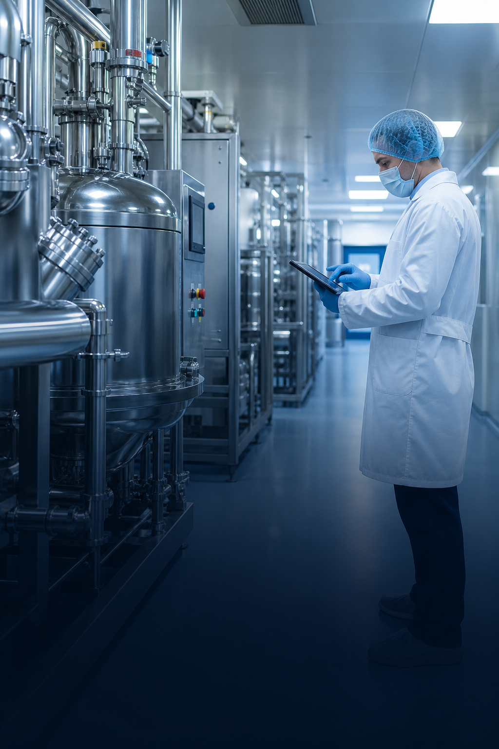 Modern pharmaceutical manufacturing environment with process equipment